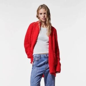 NWT!! ZARA Red Chunky Purl Knit Shawl Collar Cardigan Sweater Oversized Medium